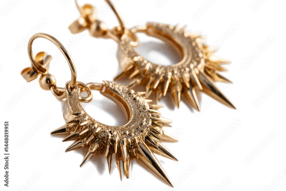 Detailed Shot of Gold Spiked Hoop Earrings on White Background
