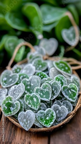 Heart-shaped candies in a basket, green leaves background, sweet treat, food photography