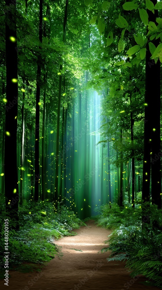Obraz premium Lush forest path with bright sunlight rays