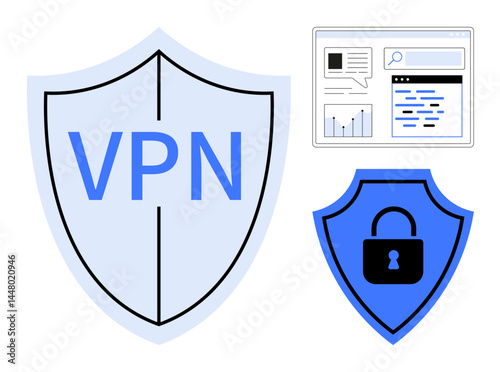 Shields with VPN text and lock symbol, browser window displaying analytics. Ideal for cybersecurity, privacy, data protection, online security, technology, internet safety, simple landing page