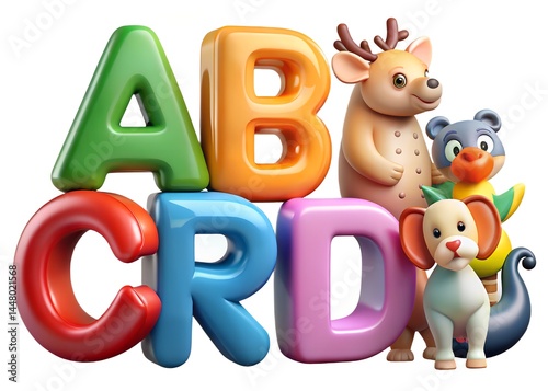 A 3D little boy playfully arranges colourful ABC fridge magnets, spelling words with yellow, red, and blue letters, showcasing early childhood education with his toys