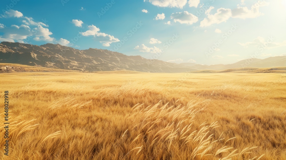 Obraz premium Expansive golden field stretching to mountains under a bright sky.