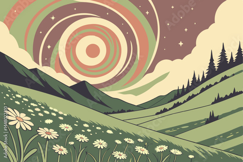 11 Surreal landscape, spiral cloud formation, mountain vista, green rolling hills, circular flower meadow, white wildflowers, dramatic sky, ethereal atmosphere, panoramic view, fantasy elements, photo