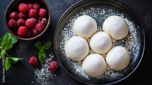 Top view flat lay of mochi, a traditional Japanese dessert, on a dark table background