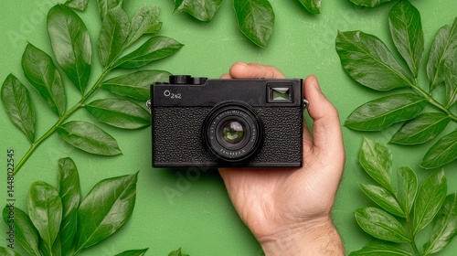 Black Speckled Camera in Lush Green Leaves Flat Lay