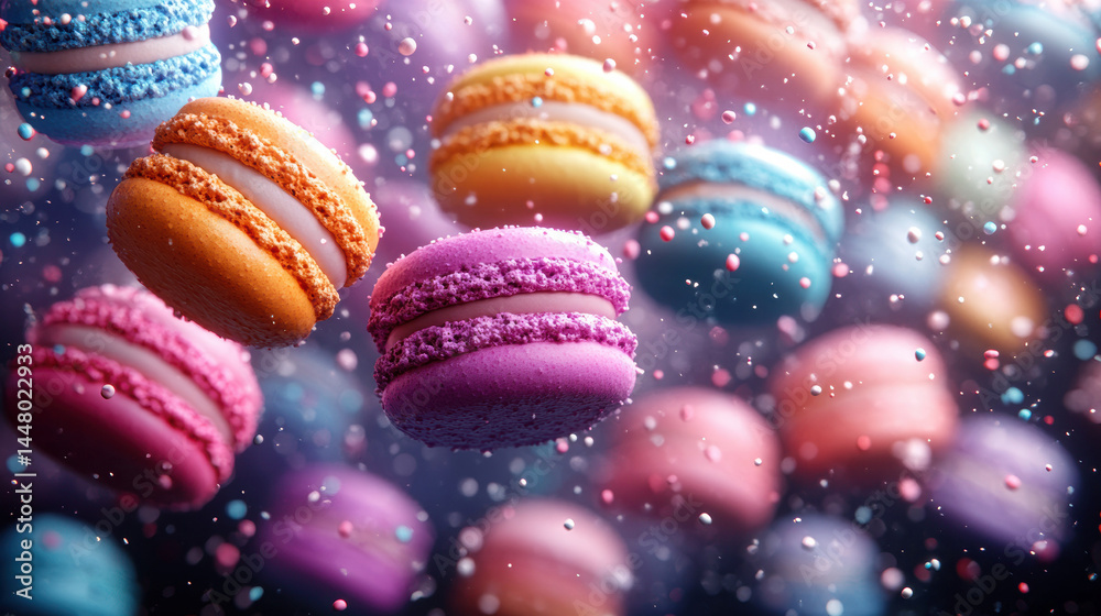 Obraz premium Stack brightly macarons rising, floating air. Sweet French sandwich cookies. Concept lightness