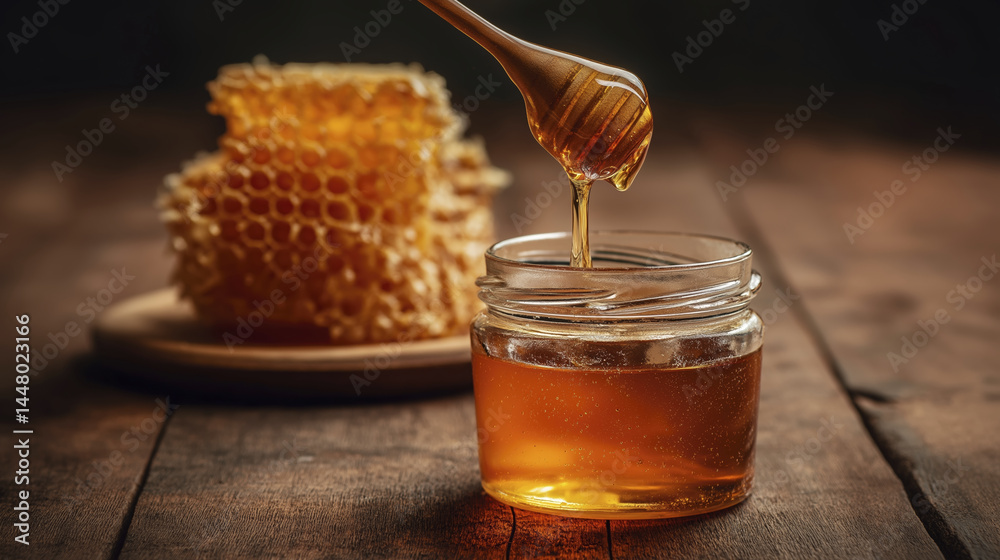 Honey dripping slowly into glass jar, sweet and captivating view, filling air with its sugary aroma Honey dripping slowly into glass jar, sweet and captivating view, filling air with its sugary aroma