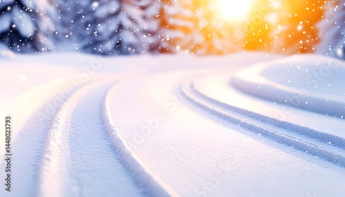Curving ski tracks in pristine snow, bathed in warm sunset light, against a backdrop of snow-covered evergreens