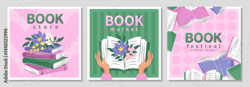 Set of poster for bookstore, festival, library, shop, market. People read books. Vector illustration for banner, cover, marketing, sale.