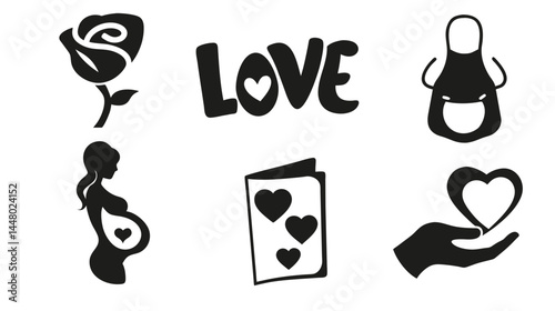 Vector illustration of mother's day theme with rose, apron, caring hand, greeting card. Concept of women' day, valentine's, anniversary