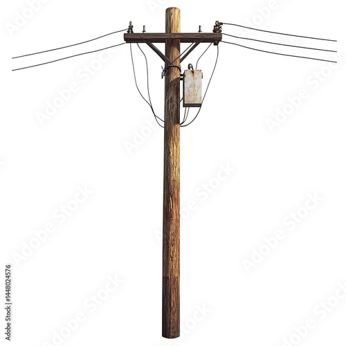 A close-up shot of an electrical pole with wires against sky. The pole is made of wood and has insulators, transformers, and cables attached to it
