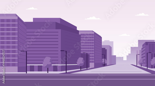 Vector Illustration of Modern Urban City Street with Skyscrapers and Residential Buildings – Flat Design Cityscape Panorama in Daylight for Architecture, Real Estate, and Wallpaper Use