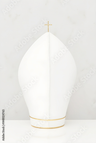 A pristine white mitre with subtle gold trim sits on a matching marble surface against a blurred marble backdrop