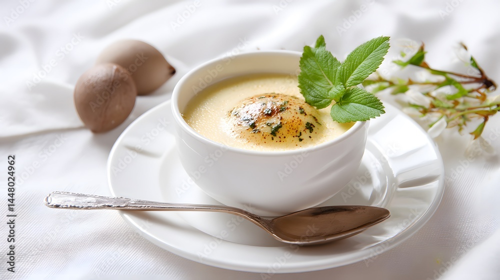 A creamy, gourmet egg dish beautifully presented with fresh mint and a perfect plating. A creamy, gourmet egg dish beautifully presented with fresh mint and a perfect plating.