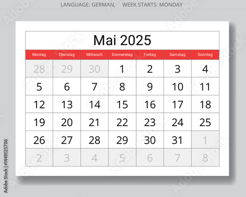 German calendar for may 2025. Vector illustration paper page of spring month for Germany - Kalender mai