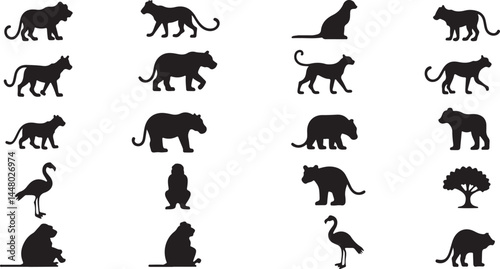 Wild Animal Silhouette Icon Set.
Collection of black animal silhouettes including jungle animals, birds, and domestic pets, ideal for wildlife iconography and vector design.