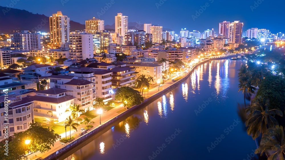 Night cityscape, illuminated waterfront, buildings, palm trees, reflections Night cityscape, illuminated waterfront, buildings, palm trees, reflections