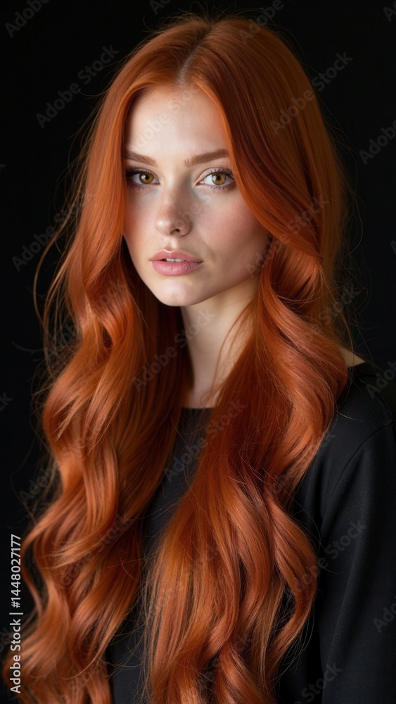 Sexy beautiful redhead girl with long hair. Perfect woman portrait on black background. Gorgeous hair and deep eyes. Natural beauty, clean skin, facial care and hair. Strong and th.
