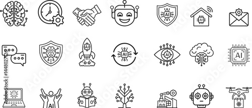 Artificial Intelligence icon set featuring robots, neural networks, automation, and digital brains in a modern outline style. Ideal for AI, tech, and innovation projects. Clean, minimal design element