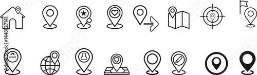 Location pin icon set featuring various GPS markers including home, heart, map, and globe. Ideal for apps, navigation, and digital maps. Clean outline style for interface use.