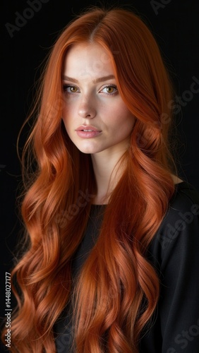 Obraz na płótnie Sexy beautiful redhead girl with long hair. Perfect woman portrait on black background. Gorgeous hair and deep eyes. Natural beauty, clean skin, facial care and hair. Strong and th. w salonie