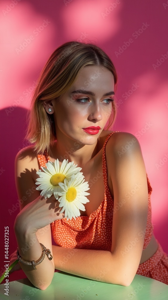 Fashion art portrait woman in summer dress and flowers in her hand with a bright contrasting makeup. Creative beauty photo girls sitting at table on a contrasting pink background w.