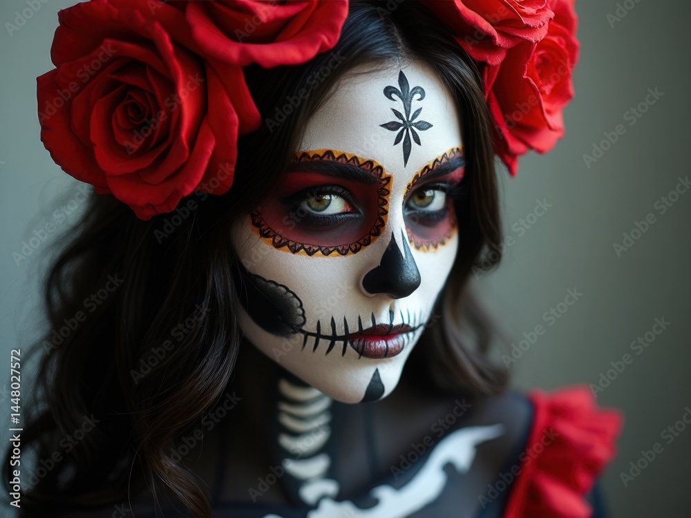 Halloween beauty skeleton woman makeup face. Girl death Halloween costume. Day of The Dead. Charming and dangerous Calavera Catrina.