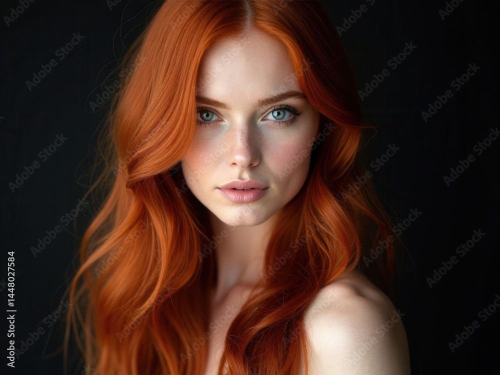 Sexy beautiful redhead girl with long hair. Perfect woman portrait on black background. Gorgeous hair and deep eyes. Natural beauty, clean skin, facial care and hair. Strong and th.