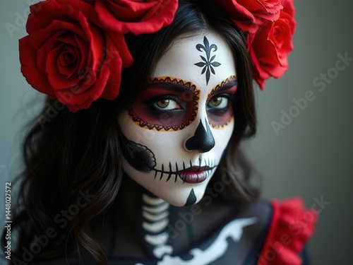 Obraz na płótnie Halloween beauty skeleton woman makeup face. Girl death Halloween costume. Day of The Dead. Charming and dangerous Calavera Catrina. w salonie