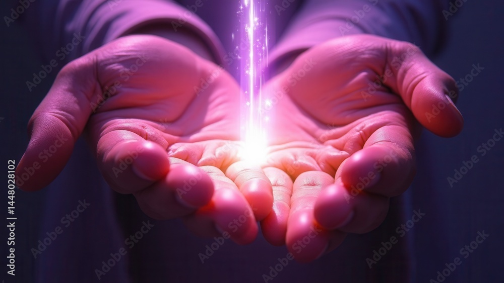Light through the palms of your hands in ultraviolet, God and religion. Divine light through hand fingers, prophet Muhammad.