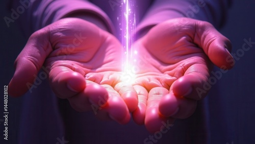 Obraz na płótnie Light through the palms of your hands in ultraviolet, God and religion. Divine light through hand fingers, prophet Muhammad. w salonie