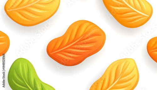 Scattered orange and green leaf-shaped objects on white