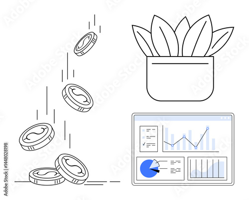 Coins falling, plant symbolizing growth, analytics dashboard with charts and graphs. Ideal for finance, investment, statistics, business development, economic growth, savings simple landing page