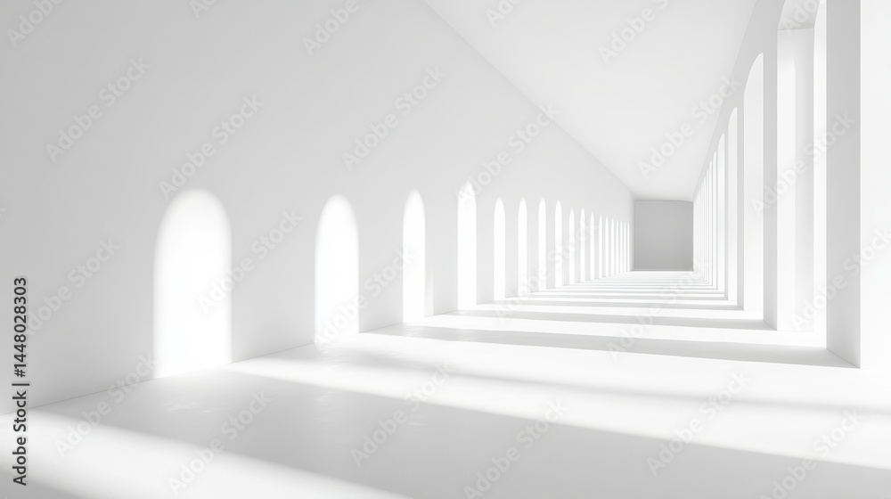 Fototapeta premium Minimalist white corridor with arches and natural light streaming in