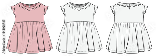 illustration of a baby wear dress, toddler kids, infant baby, sleep full bodysuit, fashion flat sketch, vector illustration, cad, technical drawing, flat drawing, template, mockup.