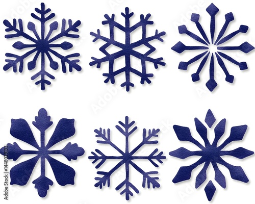 Six unique navy blue snowflake designs, varying in style and complexity, presented against a white background