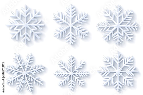 Six intricately detailed white snowflakes, each with a unique pattern, displayed against a plain white background