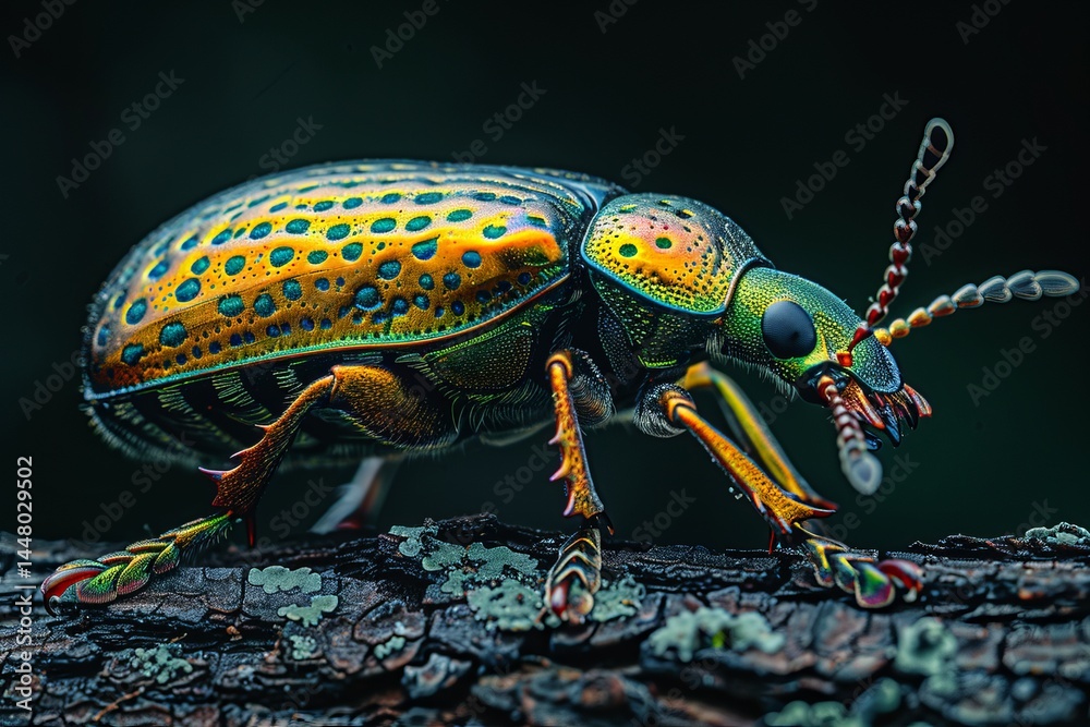 Fototapeta premium Vibrant beetle crawling on a log in a lush forest during the early hours of dawn