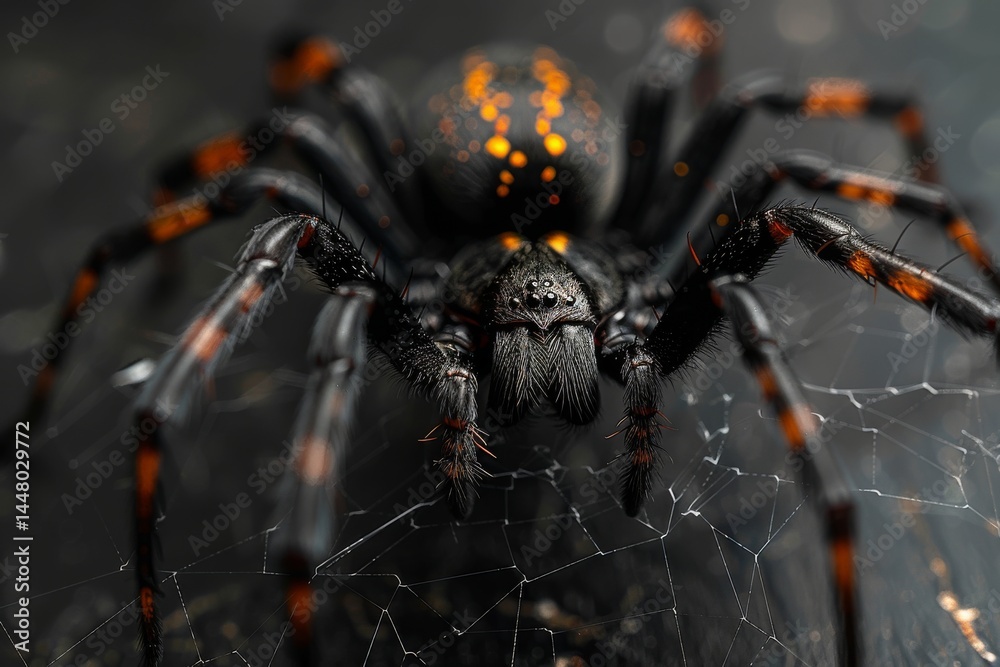 Fototapeta premium Detailed close-up of a spider showcasing striking orange and black pattern on its body