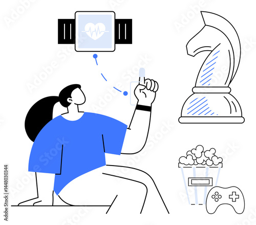 Woman syncing wearable device with finger gesture, detailed watch UI, chess piece, popcorn, game controller. Ideal for technology, health, leisure entertainment habits strategy lifestyle. Flat
