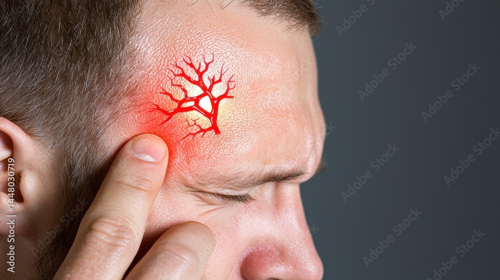 Fototapeta premium Man Experiencing Severe Headache, Close Up View with Red Graphic Overlay