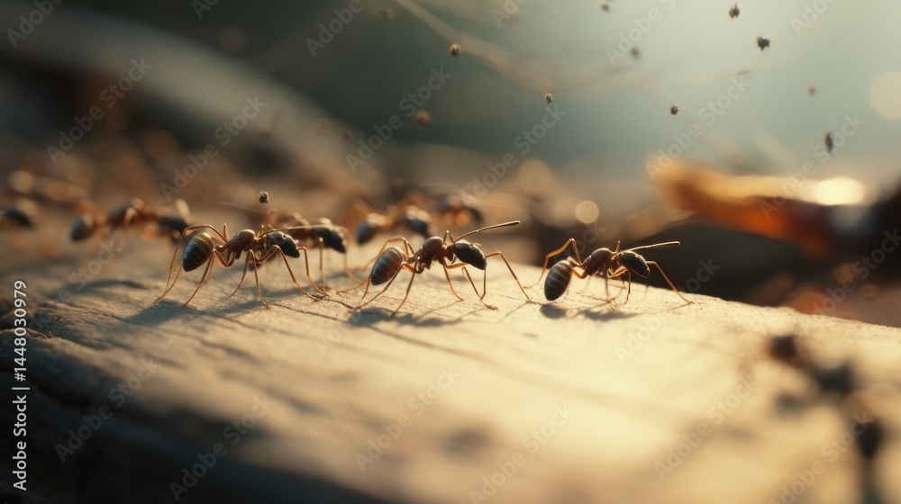 Obraz premium Close-up view of numerous ants on a weathered wooden plank.