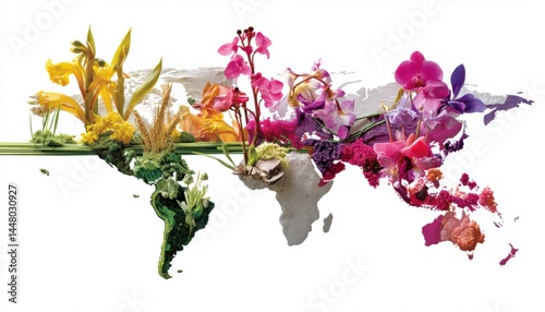 Vibrant floral world map design with natural elements.