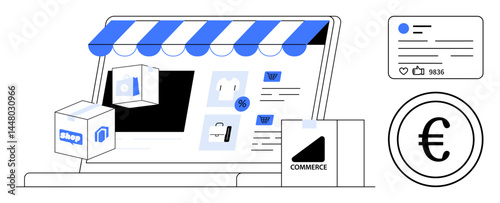 Laptop with storefront awning, product icons, shopping bag, euro sign, and social engagement metrics. Ideal for online shopping, retail, marketing, business strategy social commerce product