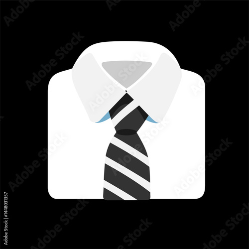 A vector illustration of a formal men shirt with white and black necktie on black background with shadow. Flat design shirt.