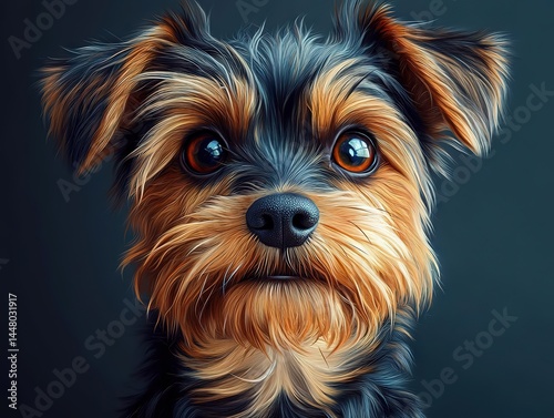 A charming Yorkshire Terrier with amber eyes, soft brown & charcoal fur, and a shiny black nose against a dark background.