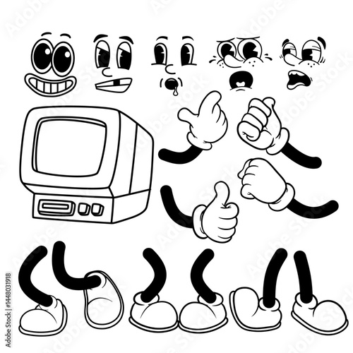 Set of Funny Cartoon Characters Vintage Personal Computer. Cartoon Groovy Body Part Face, Hand, Foot Vector Hand Drawn