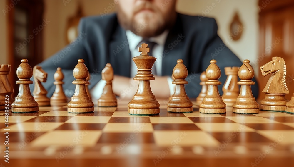 A businessman sits before a chessboard, his king prominently displayed, contemplating his next move A businessman sits before a chessboard, his king prominently displayed, contemplating his next move
