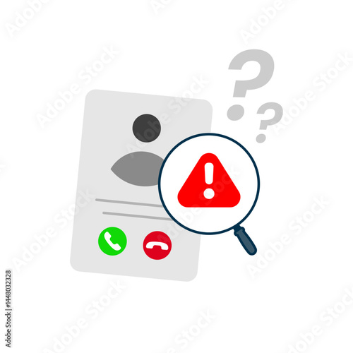 Phone call scam detection alert illustration. suspicious account, magnifying glass, and warning exclamation mark. Concept for fraud prevention, phishing alert, caller ID security, and warning