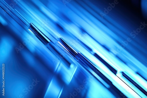 Abstract close-up of sleek blue metallic surfaces reflecting light in a dynamic pattern